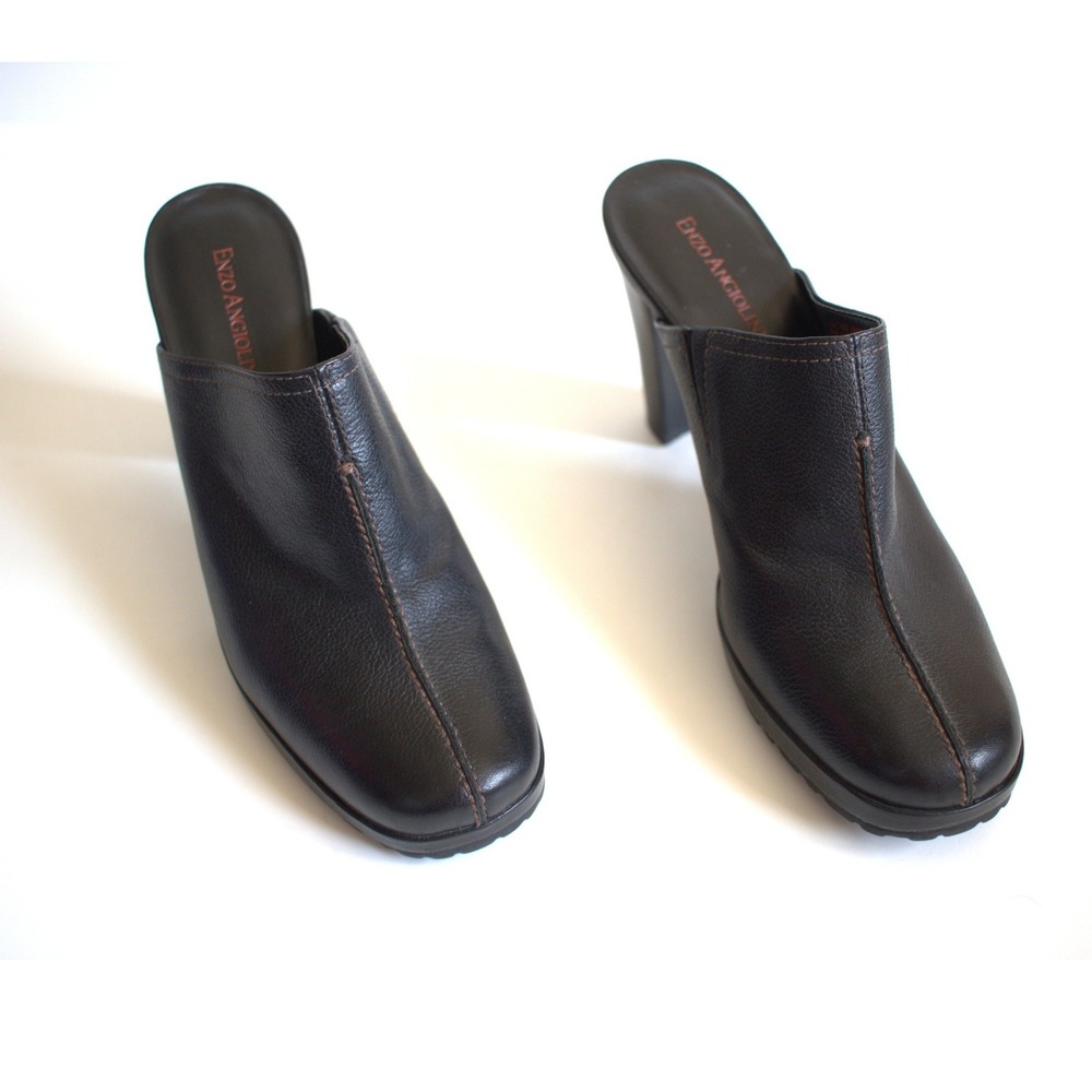 Enzo Angiolini Felicity Black Leather Platform Mules Block Heel Brazil 9M